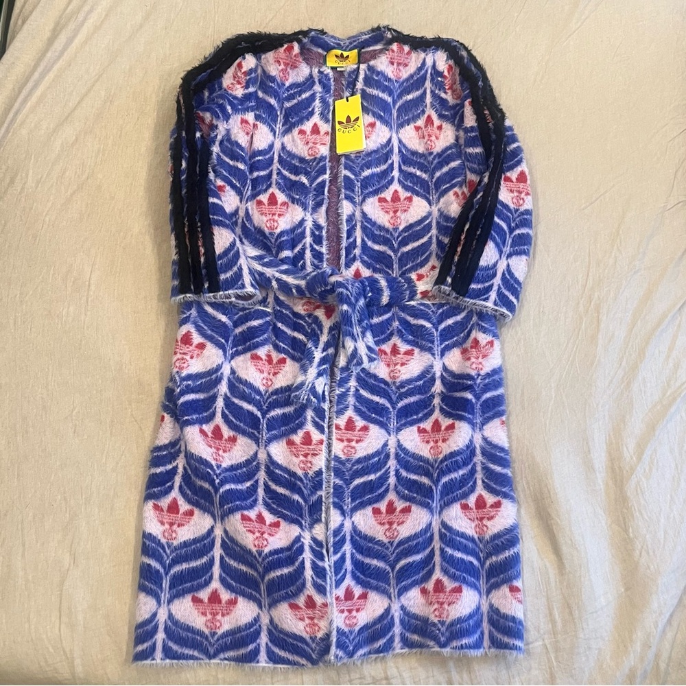 $4450 Gucci X Adidas GG Trefoil Logo Faux Fur Long Coat